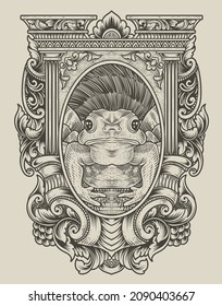 illustration vintage frog with engraving style