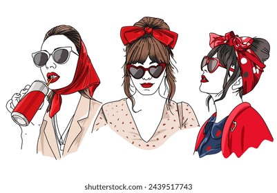 Illustration of Vintage girl 50's wearing red bandana