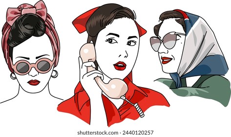 Illustration of Vintage girl 50's wearing red bandana and scarf