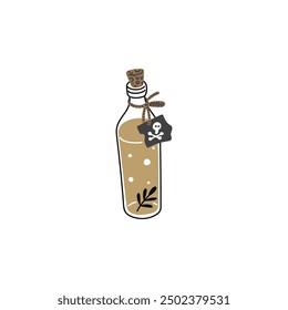 Illustration of a vintage glass bottle sealed with a cork with a black label with a skull. Ideal for magic, occult, Halloween and Wicca themes. Flat cartoon style on isolated background.
