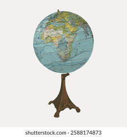 Illustration of a vintage globe on a wooden stand, showing continents and oceans. The globe is detailed and colorful, highlighting geographical features. Vintage art illustration, vector.