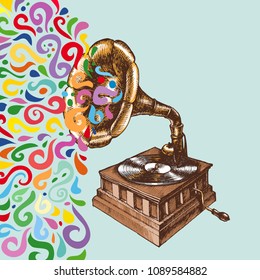 Illustration of a vintage gramophone with colorful flow. Hand drawn vector retro phonograph for your nostalgic and symbolic design style.