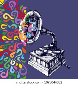 Illustration of a vintage gramophone with colorful flow. Hand drawn vector retro phonograph for your nostalgic and symbolic design style.
