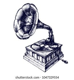 Illustration Of A Vintage Gramophone. Hand Drawn Vector Retro Phonograph For Your Nostalgic Design Style.