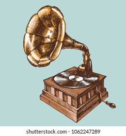 Illustration of a vintage gramophone. Hand drawn vector retro phonograph for your nostalgic design style.