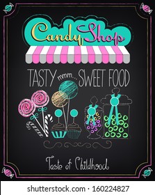 Illustration Of Vintage Graphic Element On The Chalkboard. Candy Shop