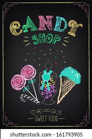 Illustration Of Vintage Graphic Element On The Chalkboard. Candy Shop