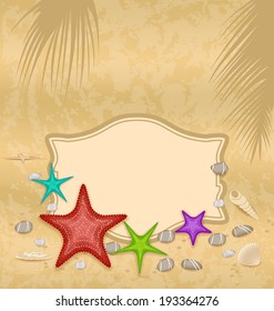 Illustration vintage greeting card with shells and starfishes and place for text - vector