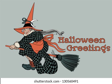 Illustration: Vintage Halloween witch on broomstick