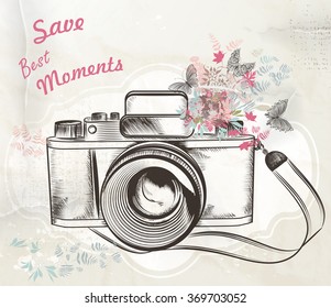 Illustration with vintage hand drawn camera flowers and butterflies save best moments