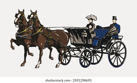 Illustration of a vintage horse-drawn carriage with two horses. Elegant carriage design with detailed horses. Classic transportation scene with horses and carriage. Vintage animal illustration vector.