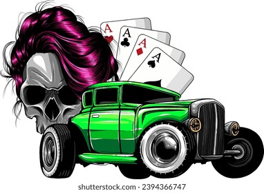 illustration of Vintage Hot Rod Car on white background