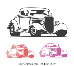 Ilustração de um carro de haste quente vintage em preto e branco com duas variações de gradiente de cor abaixo.