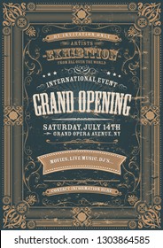 Illustration of a vintage invitation background to a grand opening exhibition with various floral patterns, frames, banners, grunge texture and retro design