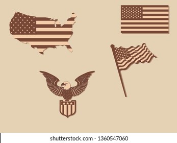 Illustration of vintage isolated American labels, as USA flags, maps, signs