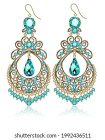 Ilustración de aretes de joyería vintage con gema verde con reflexión 