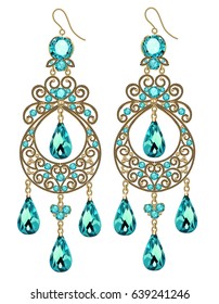 Illustration of vintage jewelry earrings with green gemstone