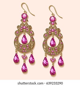 Illustration of vintage jewelry earrings with pink precious stone
