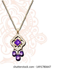 Illustration of a vintage jewelry gold pendant on a chain with precious stones and ornament on the background