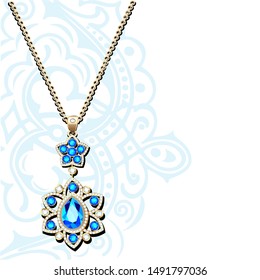 Illustration of a vintage jewelry gold pendant on a chain with precious stones and ornament on the background