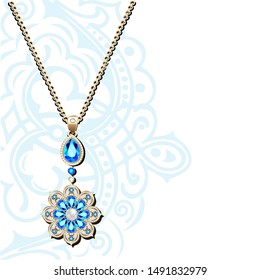 Illustration of a vintage jewelry gold pendant on a chain with precious stones and ornament on the background