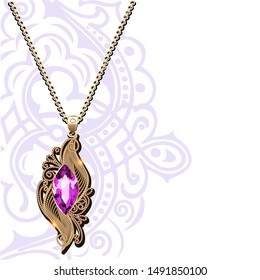 Illustration of a vintage jewelry gold pendant on a chain with precious stones and ornament on the background