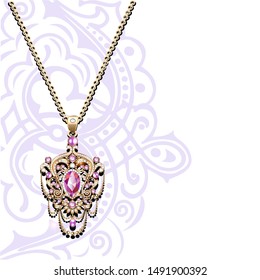 Illustration of a vintage jewelry gold pendant on a chain with precious stones and ornament on the background