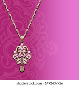 Illustration of a vintage jewelry gold pendant on a chain with precious stones and ornament on the background