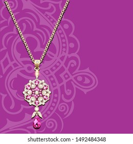 Illustration of a vintage jewelry gold pendant on a chain with precious stones and ornament on the background