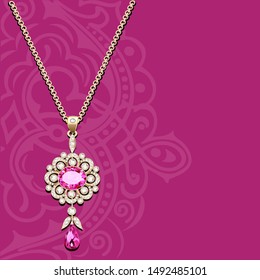 Illustration of a vintage jewelry gold pendant on a chain with precious stones and ornament on the background