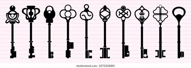 Illustration of vintage keys. Black vintage keys in various shapes. Decorative vintage keys on a lined background. Collection of unique vintage keys. Element vector set.