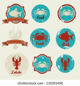 Illustration of vintage labels seafood isolated on beige background, vector illustration