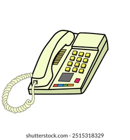 Ilustración de un teléfono fijo vintage con Botones push y cable enrollado. Representa comunicación, nostalgia y tecnología clásica