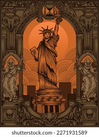 illustration vintage liberty statue with retro style