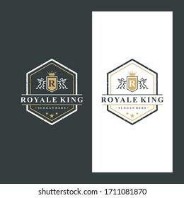 illustration of vintage logo with. royal king, lion, emblem. Design logos, icons and business cards. Premium vector