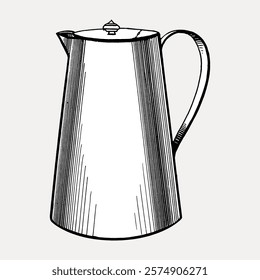 Illustration of a vintage metal pitcher with a handle and lid. The pitcher features a classic design, emphasizing its vintage and metal characteristics. Vintage illustration isolated on white, vector.