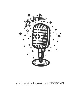 Illustration of a vintage microphone surrounded by musical notes and decorative elements