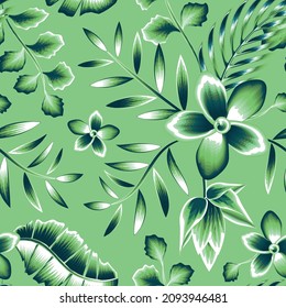 Illustration with vintage monochromatic color frangipani exotic flowers, banana flower plants and tropical banana palm foliage on delicate background. Floral background. prints texture Summer design