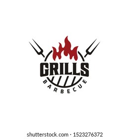 Illustration Vintage Mountain Grill Barbeque  Bbq With Crossed Fork And Fire Flame Logo Design.