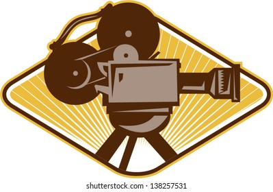 Illustration of a vintage movie film motion-picture camera set inside diamond shape done in retro style.