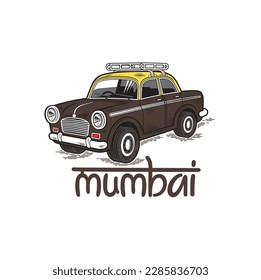 illustration of vintage mumbai taxi, mumbai transportation, vector art.