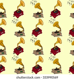 Illustration vintage music. Vintage music card with gramophone. Seamless pattern gramophones.