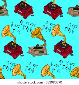 Illustration vintage music. Vintage music card with gramophone. Seamless pattern gramophones.