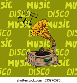Illustration vintage music. Vintage music card with gramophone. Seamless pattern phonograph.