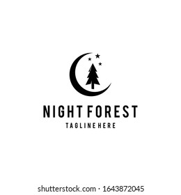 Illustration Vintage night crescent moon Evergreen, Pines, Spruce, Cedar trees logo design