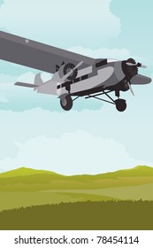 An illustration of a vintage plane flying with mountains in the background.