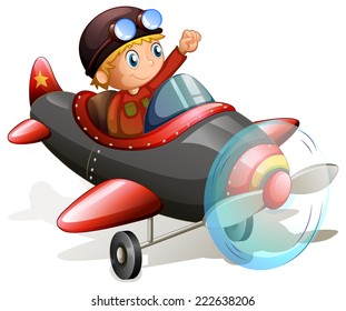 Illustration of a vintage plane with a young pilot on a white background  