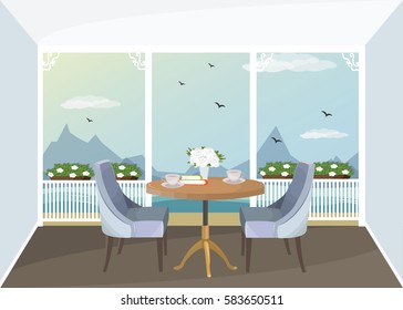 Illustration of vintage porch interior with table, chairs and seaside view.