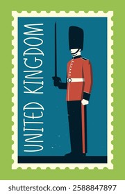 Illustration of a vintage postage stamp featuring a Queens Guard soldier in red uniform with a tall black hat, standing with a sword. Concept of British culture. Vector illustration