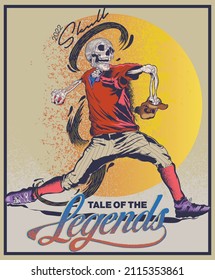 Illustration Of Vintage Poster, A Baseball Player Throwing A Ball, Wearing Red Shirt White Pant, Arranged With Nice Yellow Fawn Back Ground And Typography.